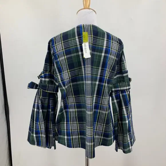 Gianni Bini Top Womens XS Extra Small Blue Tartan Plaid Serena Tie Bell Sleeves - Picture 6 of 11
